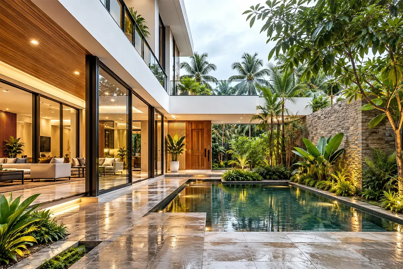 Modern villa courtyard with a swimming pool