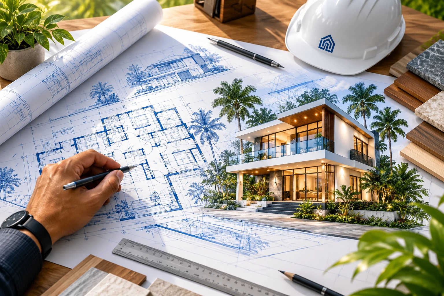 Architectural floor plan sketch, villa concept and planning tools