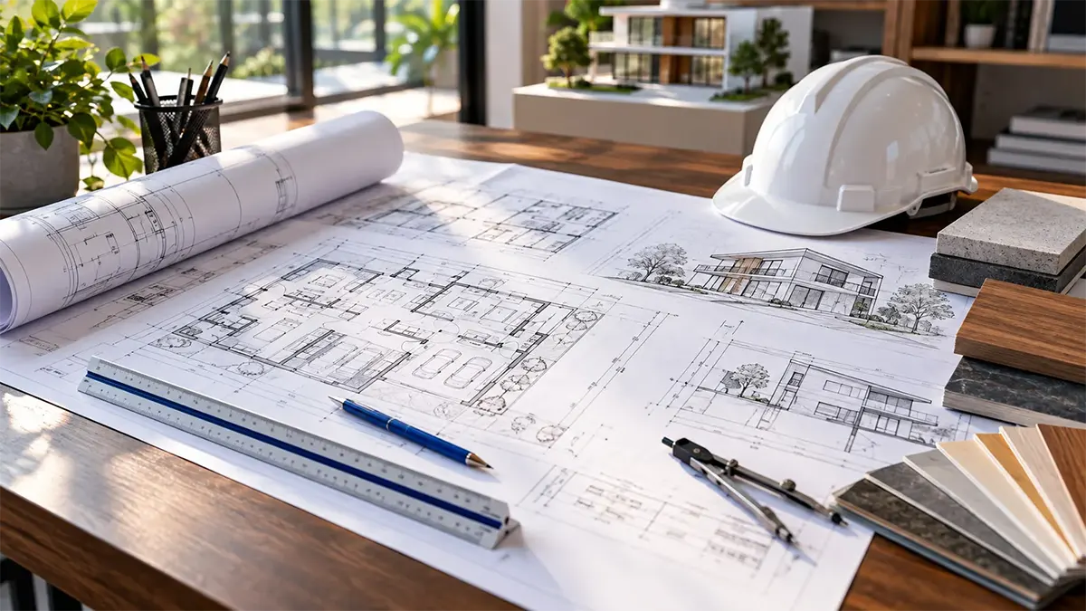 Architectural plans and construction helmet